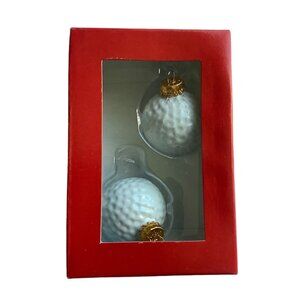 Vtg Holiday Home Hand Decorated Glass Golf Ball Ornaments Set Of 2 White